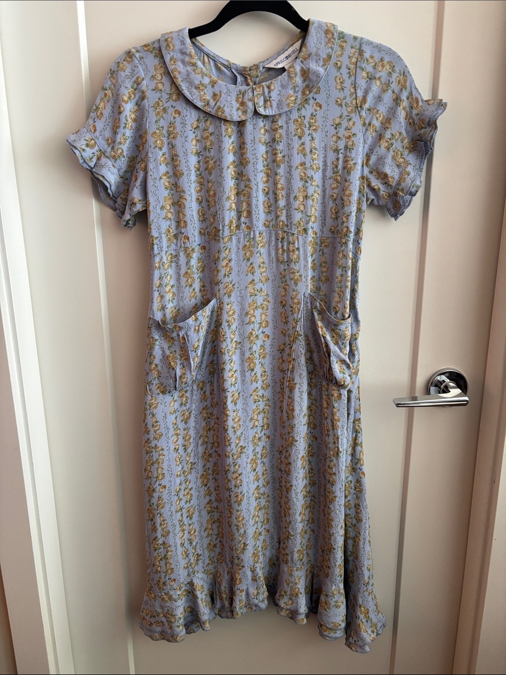 April Cornell Sz 11-12 Light Blue Ditzy Floral Dress Ruffle on Sleeves & Hem